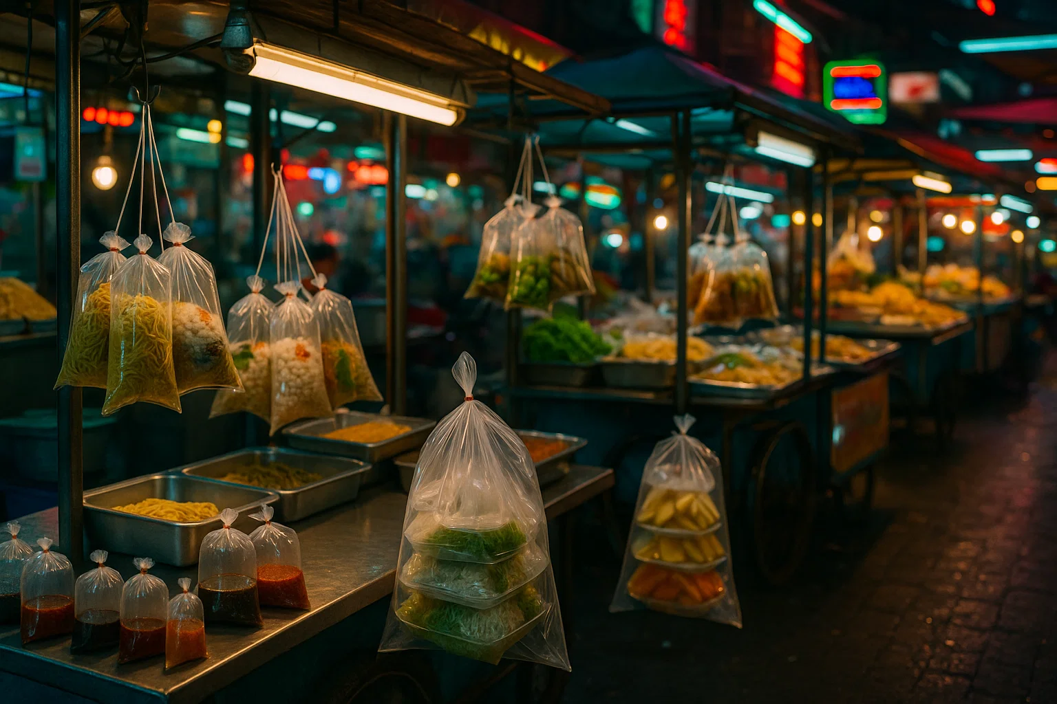 Plastic bags filled with Thai street food and drinks at a busy market stall in Bangkok.