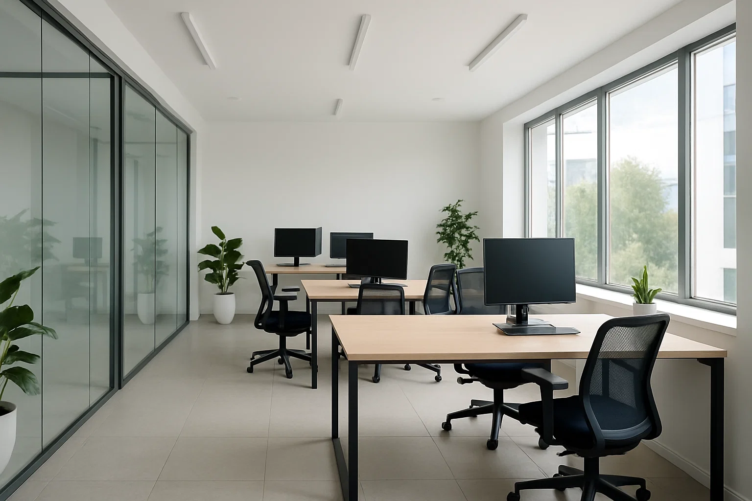 Modernt kontorsutrymme i Stockholm med stora fönster, ergonomiska möbler och minimalistisk design.