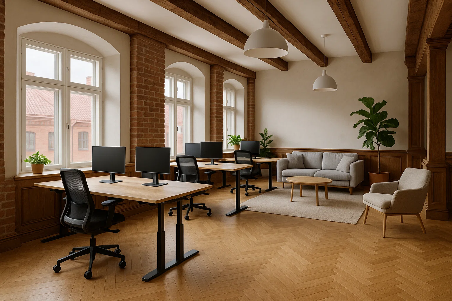 Ljust och modernt coworkingkontor i Göteborg med stora fönster, höj- och sänkbara skrivbord, ergonomiska stolar och gröna växter i en historisk byggnad nära Kronhuset.