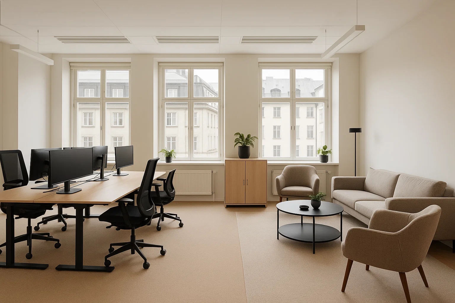 Ljust och modernt coworkingkontor på KG10, Kungsgatan 8 i Stockholm med stilren skandinavisk design.