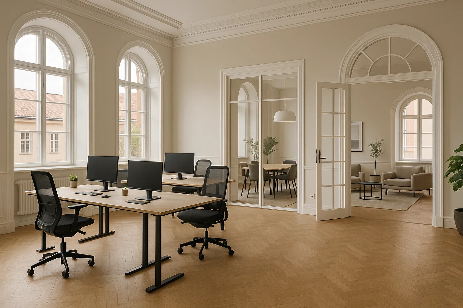 Modernt coworkingkontor i Gamla Rådhuset i Uppsala med ljusa ytor och historiska detaljer.