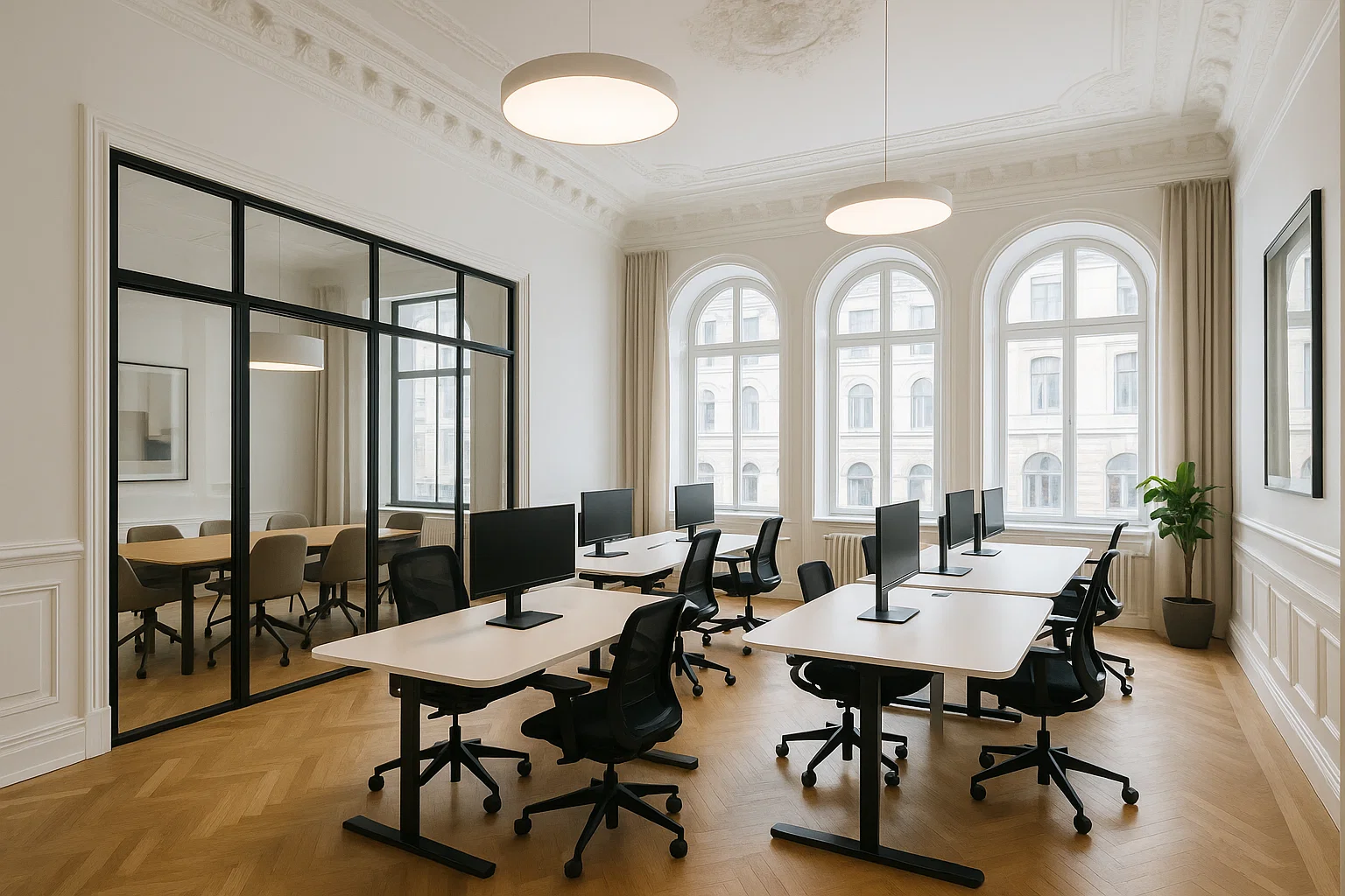 Modernt coworkingkontor på Östra Hamngatan i Göteborg med ljusa ytor och bevarade historiska detaljer.