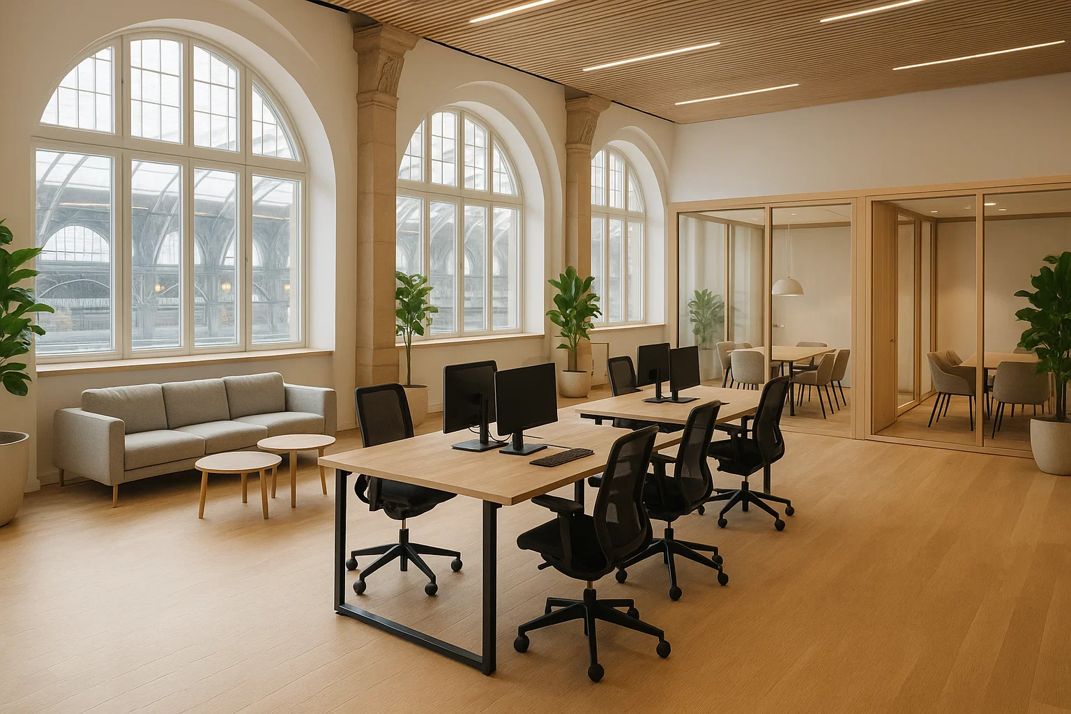 Modernt coworkingkontor vid Stockholms Centralstation med ljusa ytor, ergonomiska skrivbord och eleganta mötesrum.