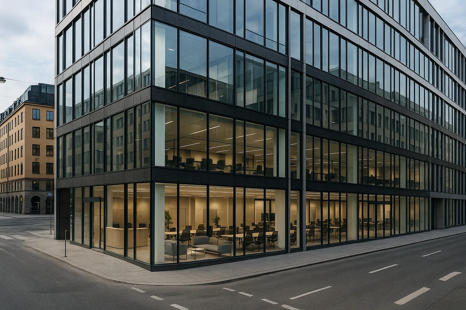 Modernt kontorshotell i Stockholm med ljusa coworkingytor, mötesrum och reception i en modern affärsbyggnad.