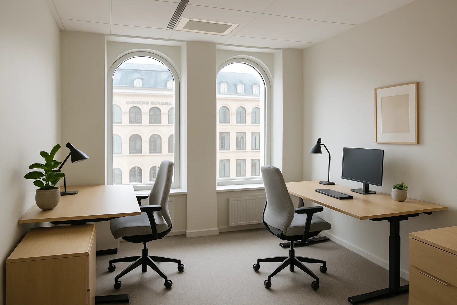 Modernt möblerat kontor i World Trade Center Stockholm med ljus och stilren design.