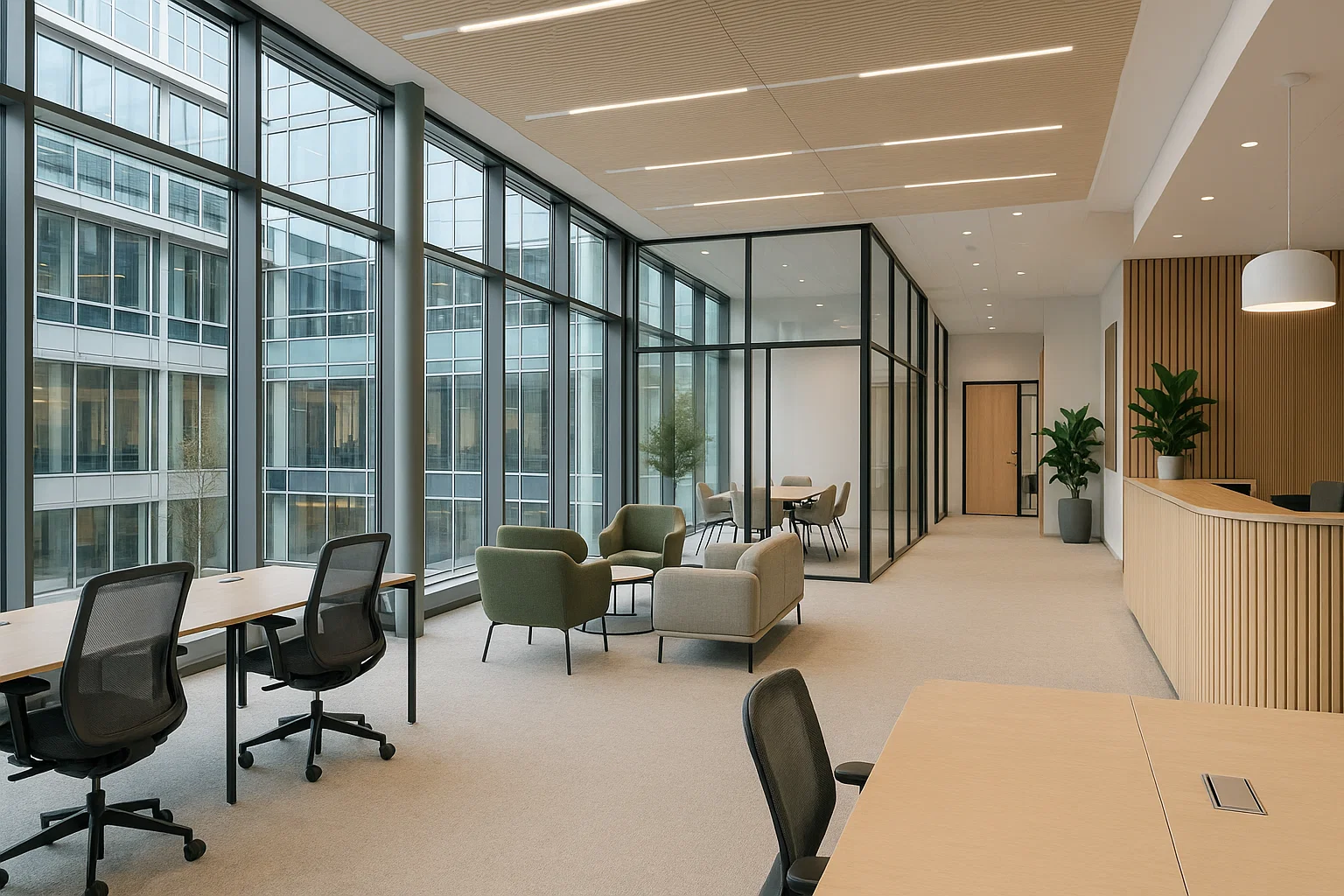Modernt kontorshotell i Göteborg med ljusa coworkingytor, mötesrum och reception i en central affärsbyggnad.