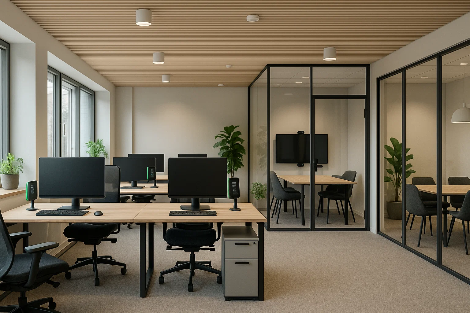 Modernt hybridkontor i Sverige med smart teknik, flexibla arbetsytor och skandinavisk design.