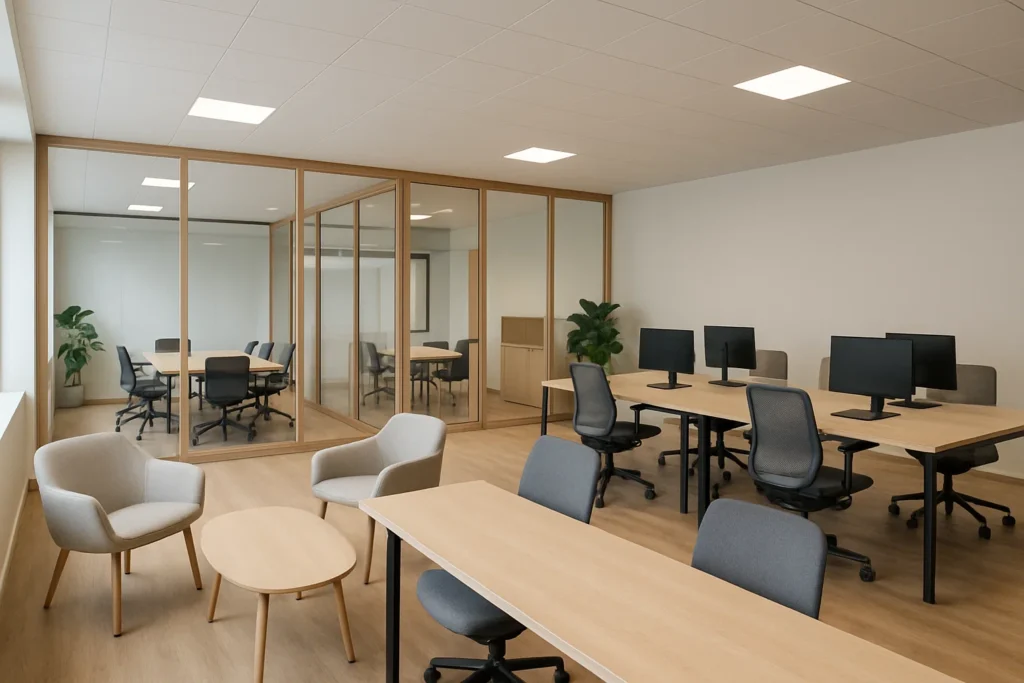 Modern coworkingkontor i Sverige med skandinavisk design och ljusa gemensamma ytor.