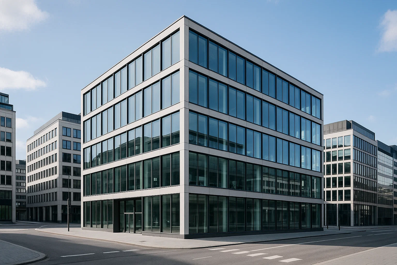 Modern kontorsbyggnad i centrala Stockholm med skandinavisk arkitektur och glasfasad.