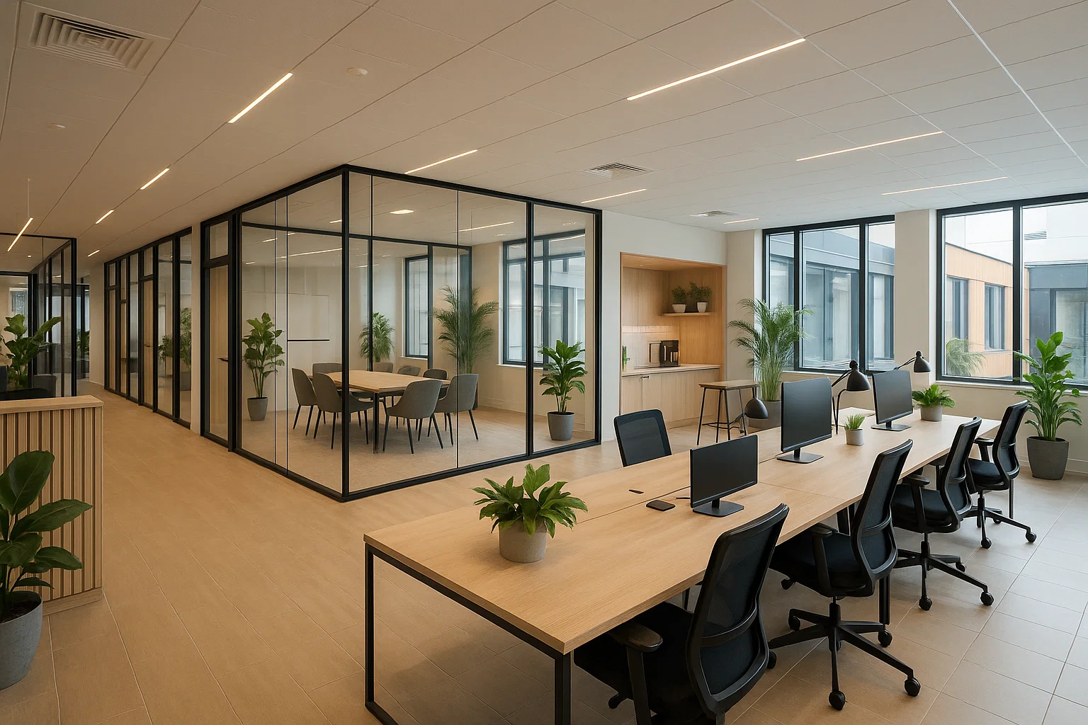 Modernt kontorshotell i Sverige med ljusa coworkingytor och gemensamma faciliteter.