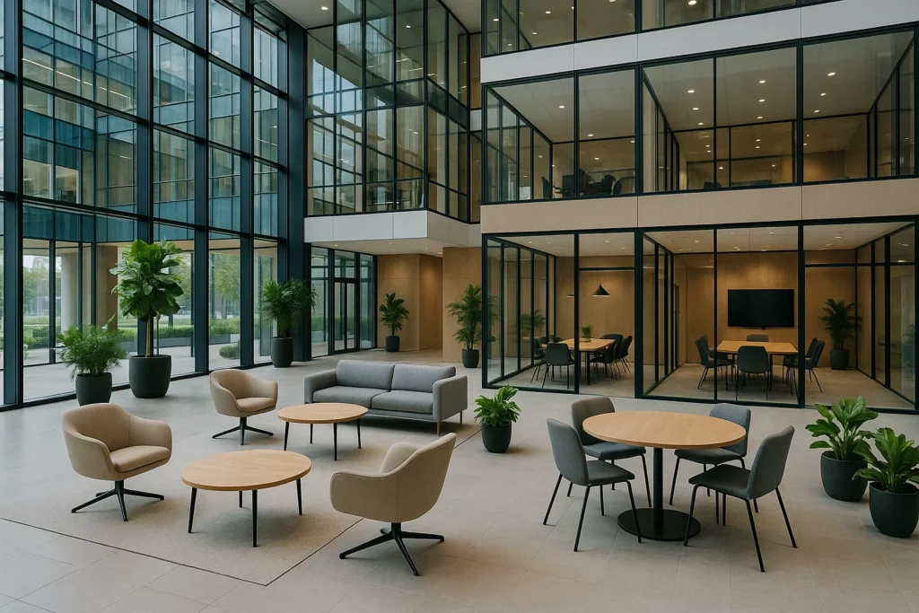 Modernt premiumkontorshotell i Sverige med ljusa coworkingytor och hållbar design.