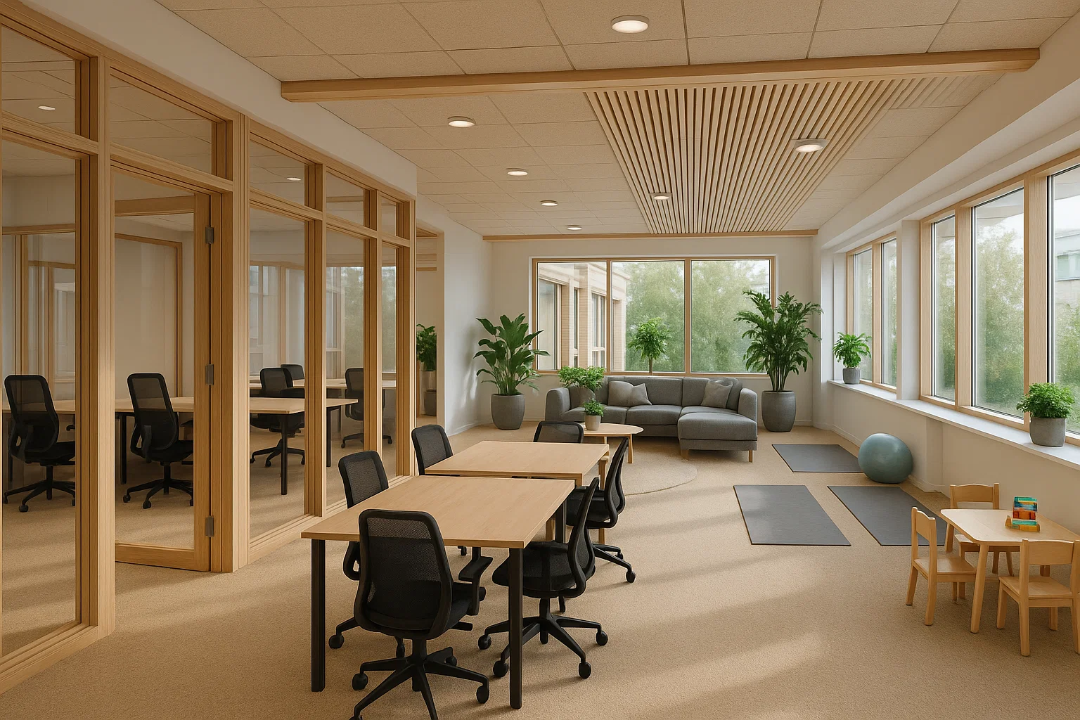 Modernt kontorshotell i Sverige med flexibla arbetsytor, lounge, gröna inslag och hälsofrämjande faciliteter.